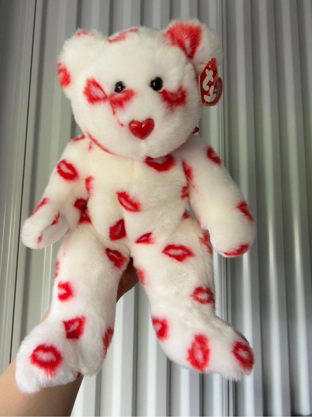 Ty White Plush Bear with Red Lip Print and Heart Nose